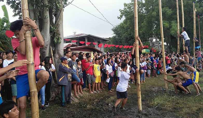 participants attempt to climb slippery bamboo pole in order to reach a flag or a prize at the top